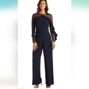 R&M Richards Women's Ruffled Illusion Sleeve Formal Jumpsuit Blue 10P NWT